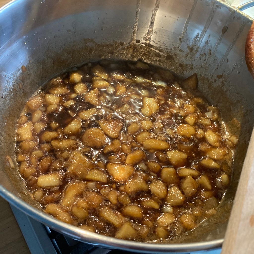 Apples, onions and malt vinegar cooking in the jam pan as the chutney begins.